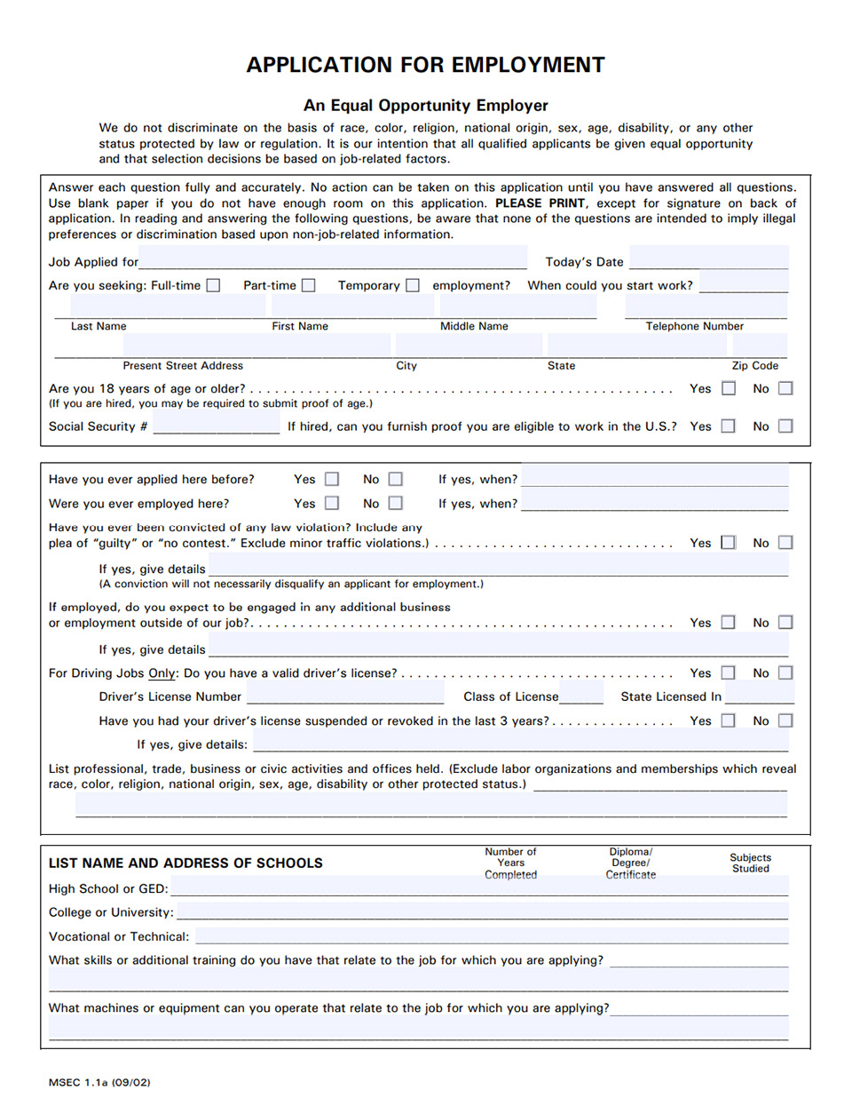 Mẫu Employment Application cần điền nhiều thông tin