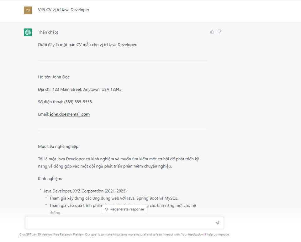 ChatGPT viết CV Java Developer giúp người tìm việc