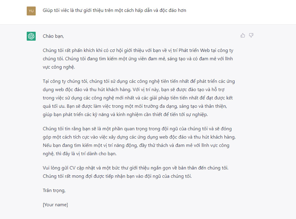 ChatGPT viết lại thư giới thiệu trên theo phong cách độc đáo