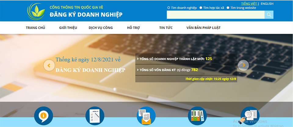Giao diện Cổng thông tin quốc gia về đăng ký doanh nghiệp