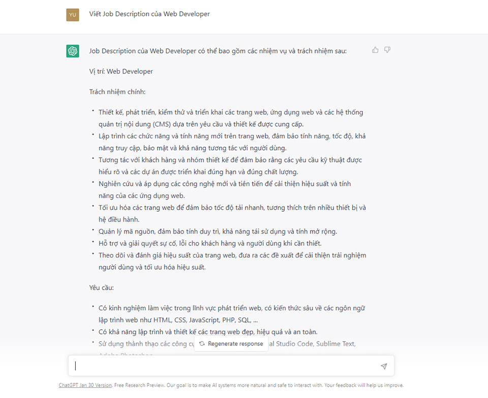 ChatGPT viết mô tả công việc của Web developer