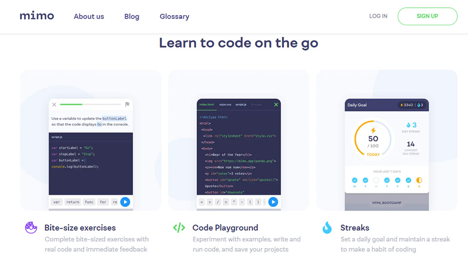 giao diện trình duyệt web của app học lập trình Mimo