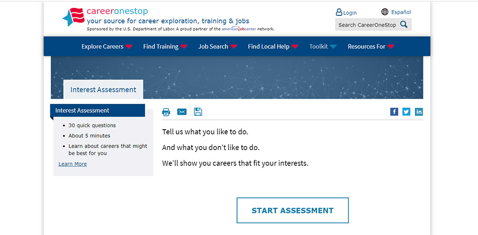Giao diện Website trắc nghiệm nghề nghiệp CareerOneStop
