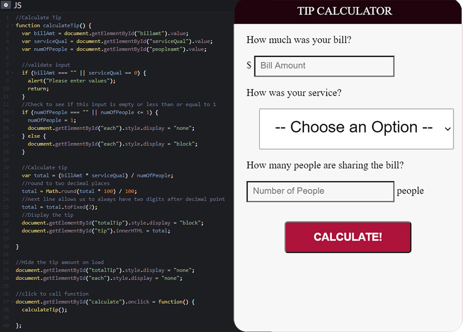 Ví dụ code JavaScript dùng để xây dựng một máy tính tiền hóa đơn